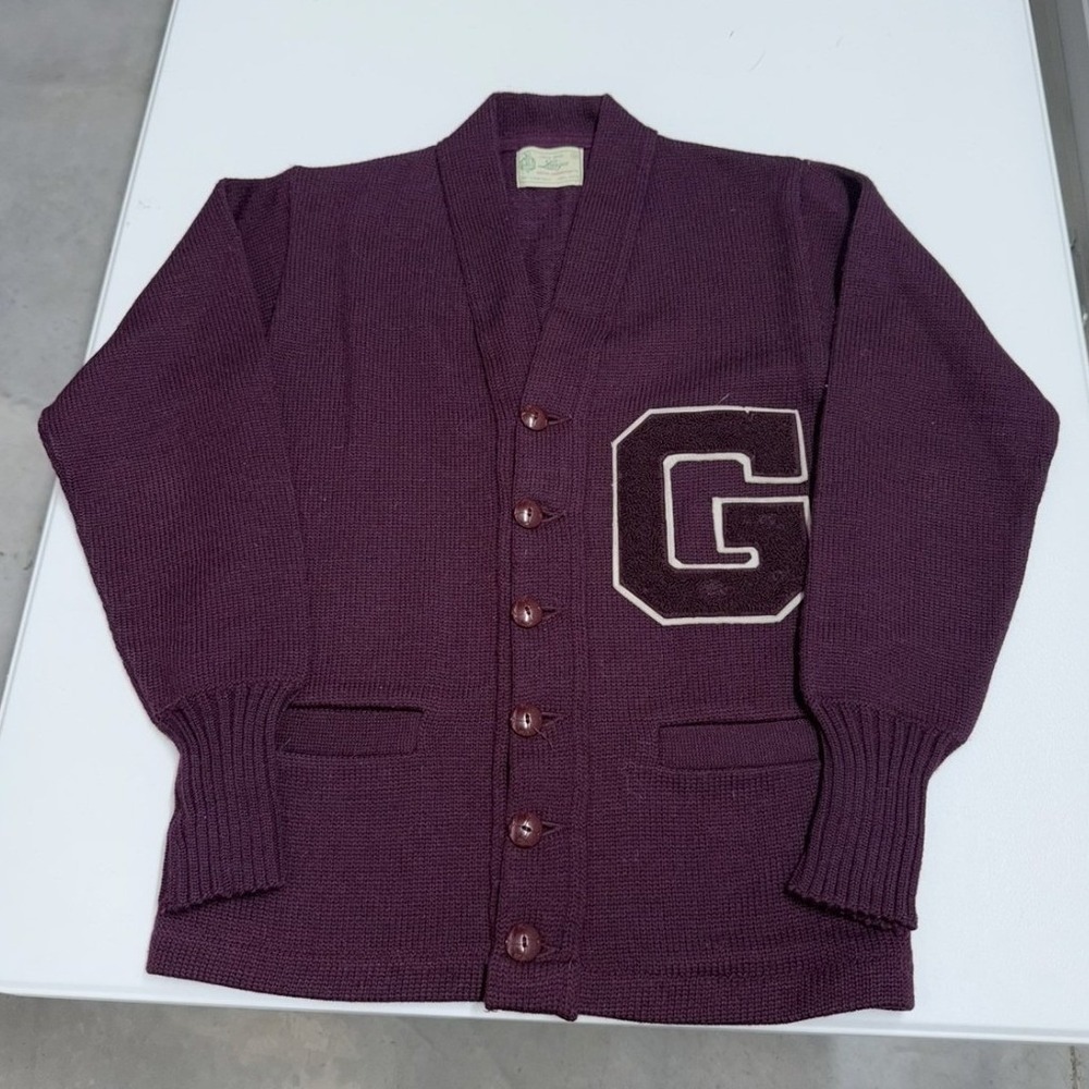 Vintage Lanza Boston 100% Wool Varsity Letterman Cardigan Purple G Patch Size 38